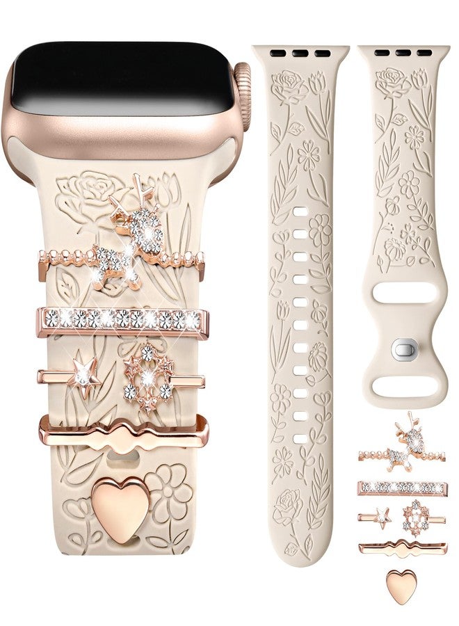 DaQin Flower Engraved Band Compatible with Apple Watch Bands 44mm 42mm 45mm 46mm for Women, Soft Silicone Strap With Decorative for Apple Watch Charms for iWatch Series 11 10 9 8 7 6 5 4 3 2 1 SE - Image 1