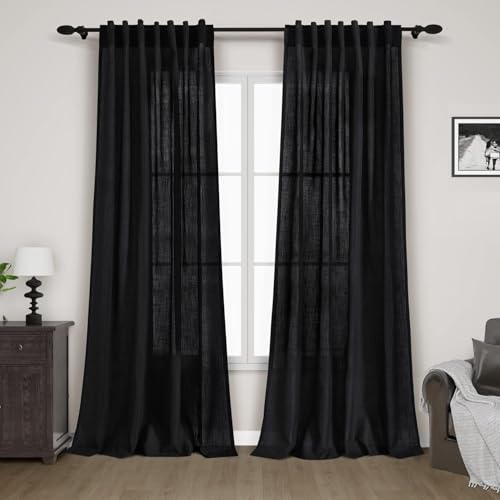 Nanspring Black Linen Curtains 84 inches Long 2 Panels for Bedroom Back Tab Light Filtering Privacy Sheer Black Curtains Muslin Look Modern Farmhouse Cotton Textured Gauze Curtain for Living Room 2 Panel Set - Image 1