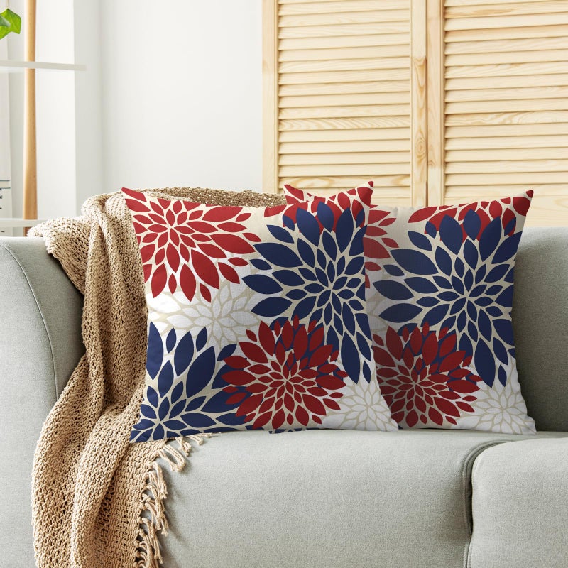 Smozenith 4th of July Blue Red White Pillow Covers 20X20 Inch Set of 2  Modern Geometry Dahlia Floral Print Holiday Decorative Throw Pillow Covers Outdoor Farmhouse Cushion Case for Couch Sofa Bed Decor  - Image 2