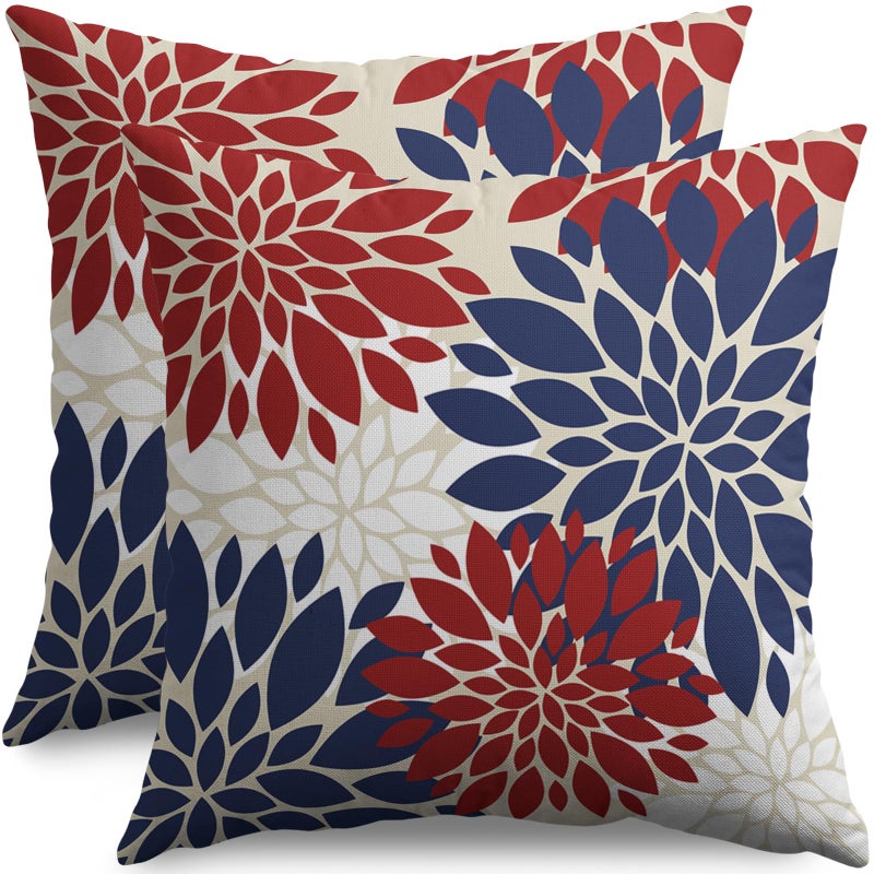 Smozenith 4th of July Blue Red White Pillow Covers 20X20 Inch Set of 2  Modern Geometry Dahlia Floral Print Holiday Decorative Throw Pillow Covers Outdoor Farmhouse Cushion Case for Couch Sofa Bed Decor  - Image 1