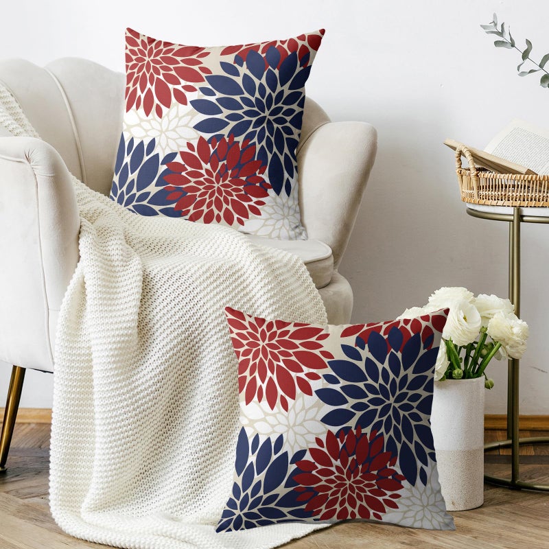 Smozenith 4th of July Blue Red White Pillow Covers 20X20 Inch Set of 2  Modern Geometry Dahlia Floral Print Holiday Decorative Throw Pillow Covers Outdoor Farmhouse Cushion Case for Couch Sofa Bed Decor  - Image 3