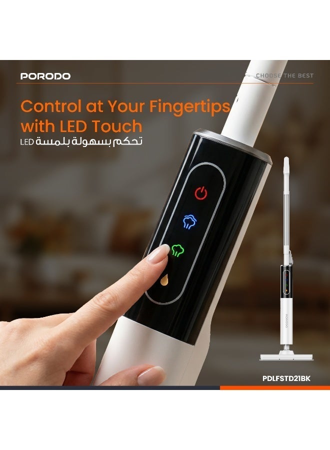 porodo Rapidsteam Touch Control Steam Mop with Multi-Surface Floors (Wood/Tile/Carpet), 15s Fast Heating, 350mL Detachable Water Tank, 1200W High Power Steam, Edge-to-Edge Coverage - White - Image 2
