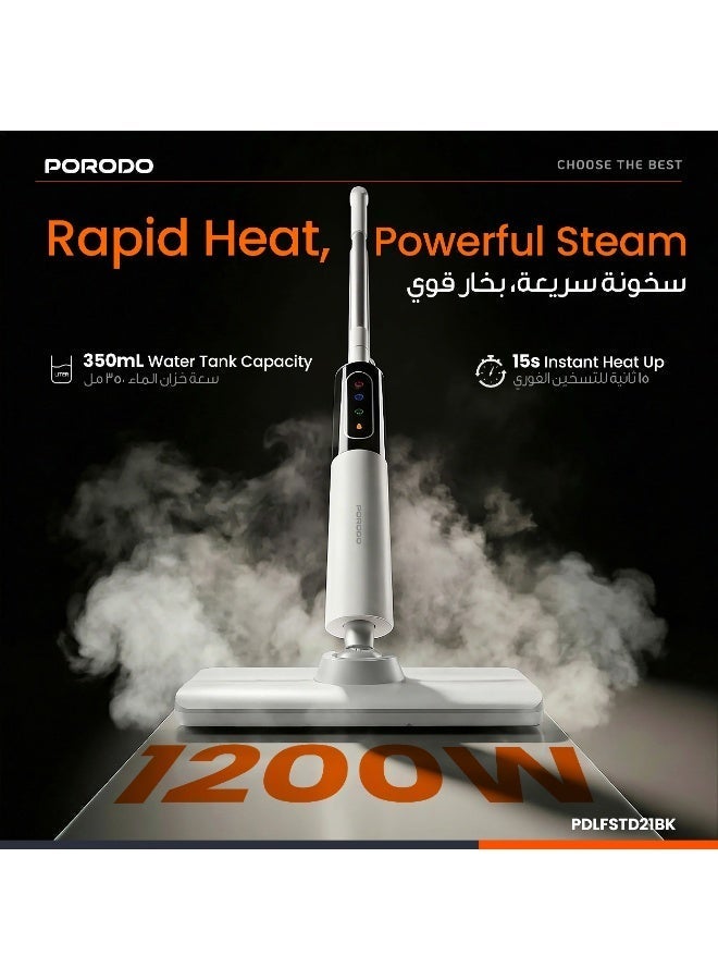porodo Rapidsteam Touch Control Steam Mop with Multi-Surface Floors (Wood/Tile/Carpet), 15s Fast Heating, 350mL Detachable Water Tank, 1200W High Power Steam, Edge-to-Edge Coverage - White - Image 4