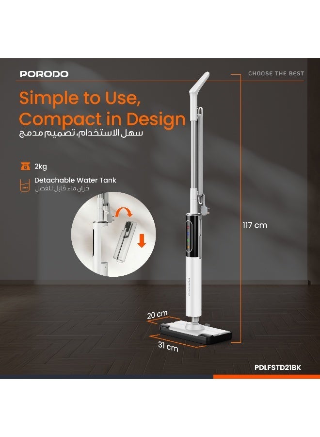 porodo Rapidsteam Touch Control Steam Mop with Multi-Surface Floors (Wood/Tile/Carpet), 15s Fast Heating, 350mL Detachable Water Tank, 1200W High Power Steam, Edge-to-Edge Coverage - White - Image 5