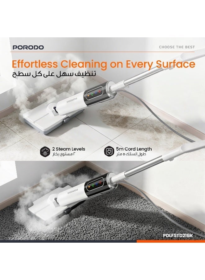 porodo Rapidsteam Touch Control Steam Mop with Multi-Surface Floors (Wood/Tile/Carpet), 15s Fast Heating, 350mL Detachable Water Tank, 1200W High Power Steam, Edge-to-Edge Coverage - White - Image 3
