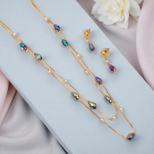 ACCESSHER Gold Tone Multicolour Multilayer Necklace Set with Drop Earrings | Latest Fashion Jewellery Accessories | Aesthetic Neckchain set for women & Girls (Design 1) - Image 3