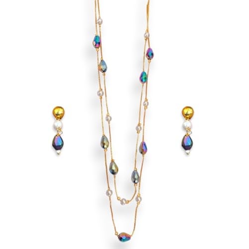 ACCESSHER Gold Tone Multicolour Multilayer Necklace Set with Drop Earrings | Latest Fashion Jewellery Accessories | Aesthetic Neckchain set for women & Girls (Design 1) - Image 1
