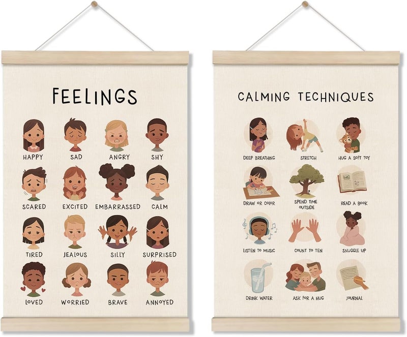 DOILANEE Feelings Chart 16x12 Inch, Mental Health Poster Hanger Frame, Montessori Emotions Poster Wall and Therapy Office Decor, Psychology Gifts, Set of 2 Preschool Classroom Decor - Image 1