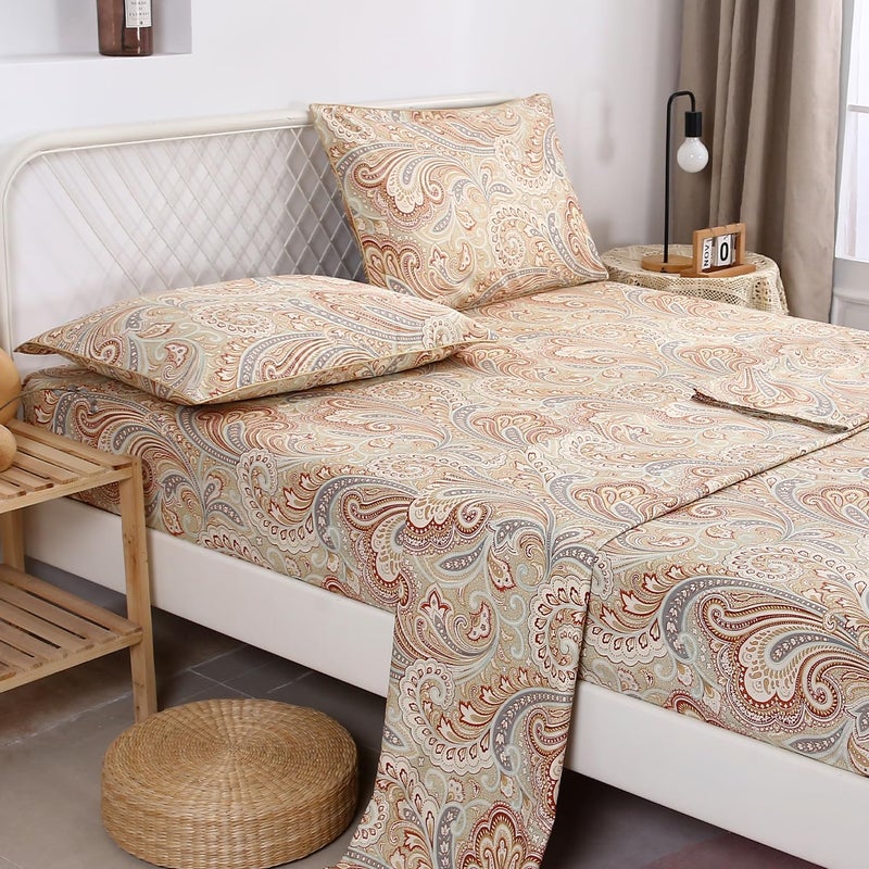 URBONUR Cotton Sheets Set Queen Size 4Pcs Sateen Weave Cooling Bedsheets - Vintage Boho Paisley Sheet Sets Deep Pocket - Easy Fit (Khaki, Queen) - Image 2
