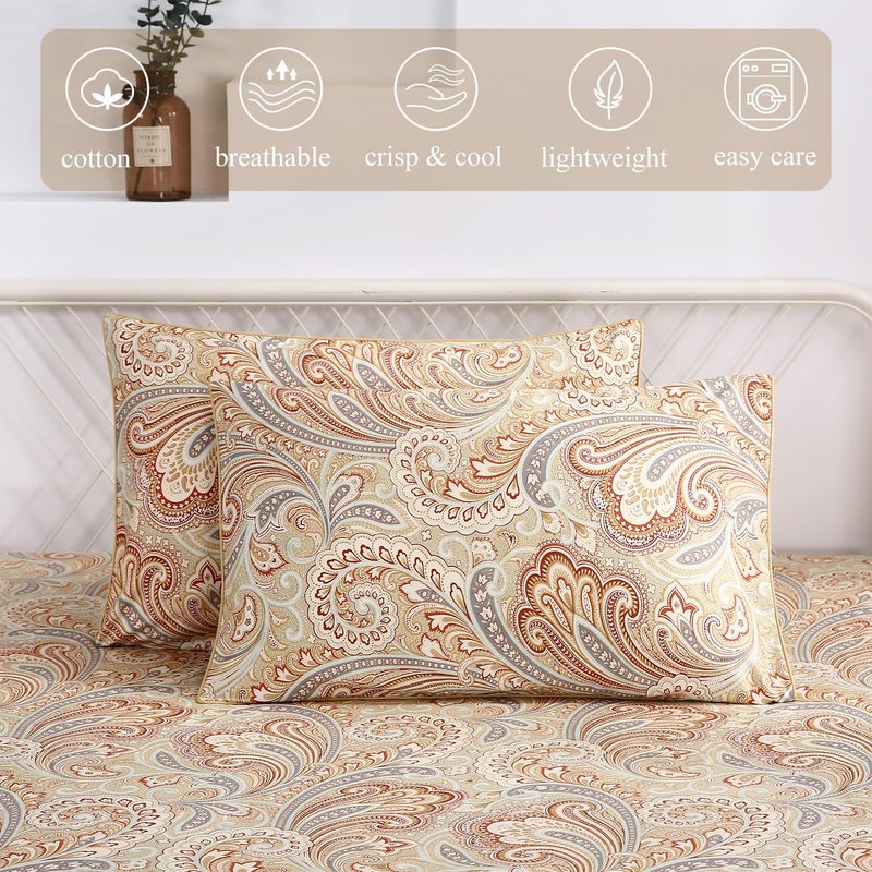 URBONUR Cotton Sheets Set Queen Size 4Pcs Sateen Weave Cooling Bedsheets - Vintage Boho Paisley Sheet Sets Deep Pocket - Easy Fit (Khaki, Queen) - Image 5
