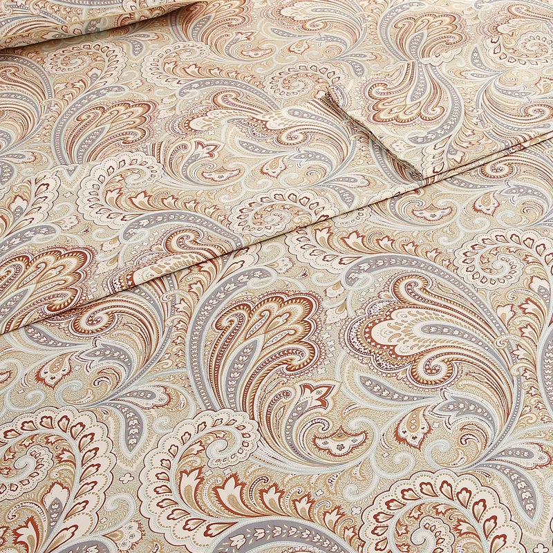 URBONUR Cotton Sheets Set Queen Size 4Pcs Sateen Weave Cooling Bedsheets - Vintage Boho Paisley Sheet Sets Deep Pocket - Easy Fit (Khaki, Queen) - Image 4