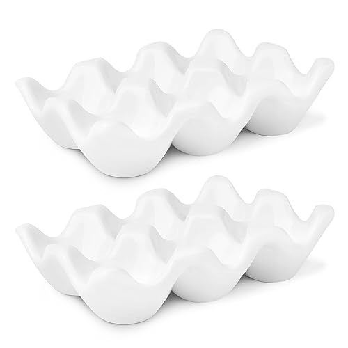 Flexzion Porcelain Egg Crate 6 Capacity Ceramic Tray Half Dozen Holder White Decorative Serving Dish and Storage Organizer 2 Pack