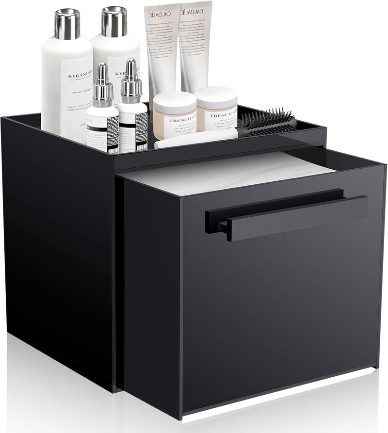 TAINESS Disposable Face Towel Storage Box Compatible with Clean Skin Club Clean Towel XL Acrylic Cosmetic Organizer Container Box Facial Towels Holder with Drawer Wall-Mounted (Black) - Image 1