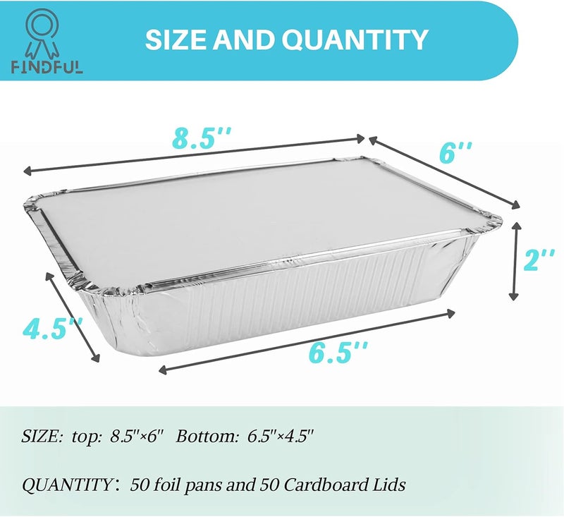 Findful Aluminum Pans with Lids (50-Pack, 8.5"×6") 2.25 LB Capacity Foil Food Containers with Lids - 50 Pans and 50 Cardboard Covers - Disposable Tin Foil Pans - for Baking, Meal Prep and Freezer, Takeout - Image 2
