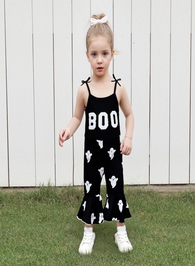 Ayalinggo Baby Girl Halloween Outfit Boo Ribbed Toddler Romper Overalls Jumpsuit Spaghetti Strap Ghost Bell Bottoms Outfits (Black Boo, 12-18 Months) - Image 3