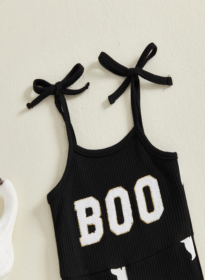 Ayalinggo Baby Girl Halloween Outfit Boo Ribbed Toddler Romper Overalls Jumpsuit Spaghetti Strap Ghost Bell Bottoms Outfits (Black Boo, 12-18 Months) - Image 4