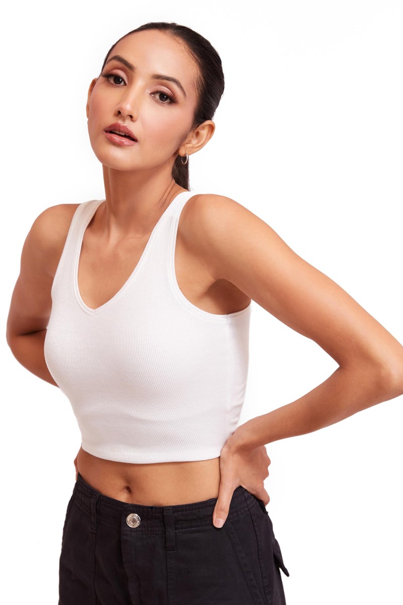 Berry&Bird BERRY BIRD® Sleeveless V- Neck Slim Fit Ribbed Knit Tank Crop Tops for Women & Girls Casual Beach and Gym Wear and Western Trendy Fashion White - Image 1