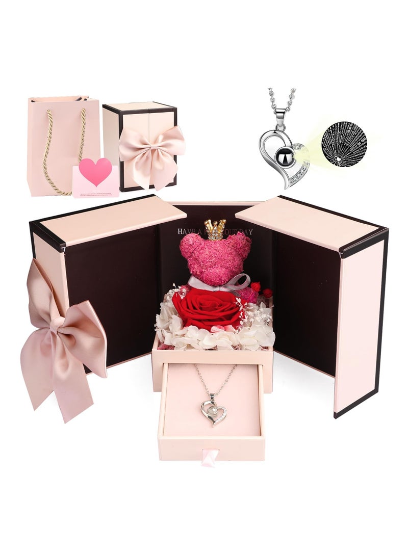 Preserved Rose Moss Bear with Necklace Rose Gifts with Light for Women Girlfriend Wife Mom Grandma Birthday Christmas Valentines Mothers Day Anniversary Wedding Thanksgiving - Image 1