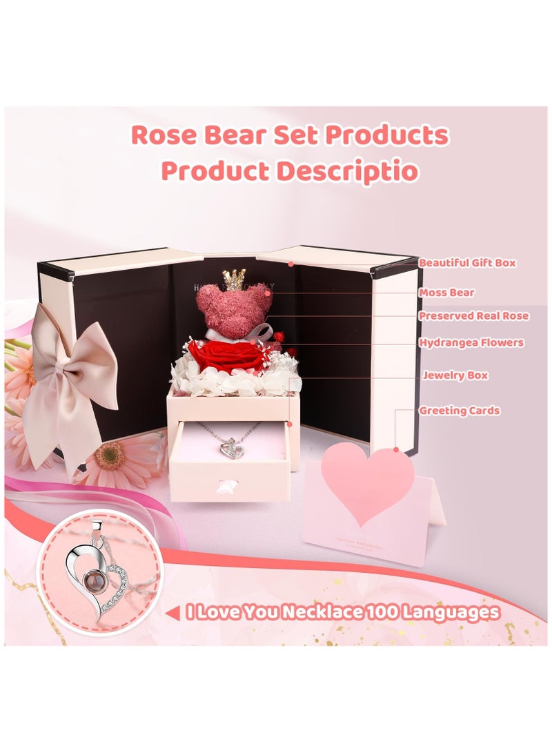 Preserved Rose Moss Bear with Necklace Rose Gifts with Light for Women Girlfriend Wife Mom Grandma Birthday Christmas Valentines Mothers Day Anniversary Wedding Thanksgiving - Image 5