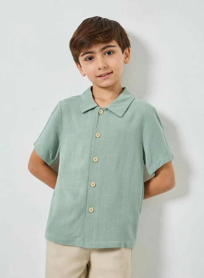 Styli Boys Green Collared Linen Shirt