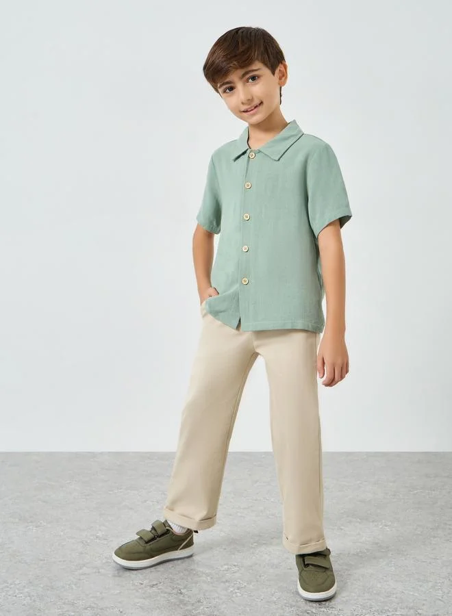 Styli Boys Green Collared Linen Shirt