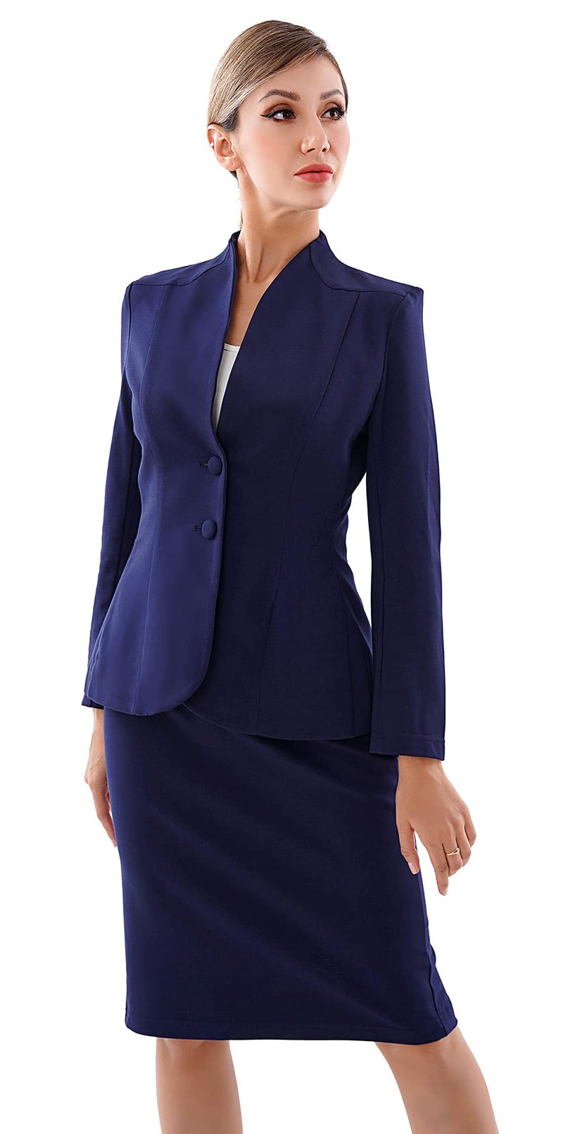 Marycrafts Women’s Blazer Skirt Suit Set – Professional 2 Pieces Outfit for Business Office Work and Career Attire 22 Navy Blue - Image 2
