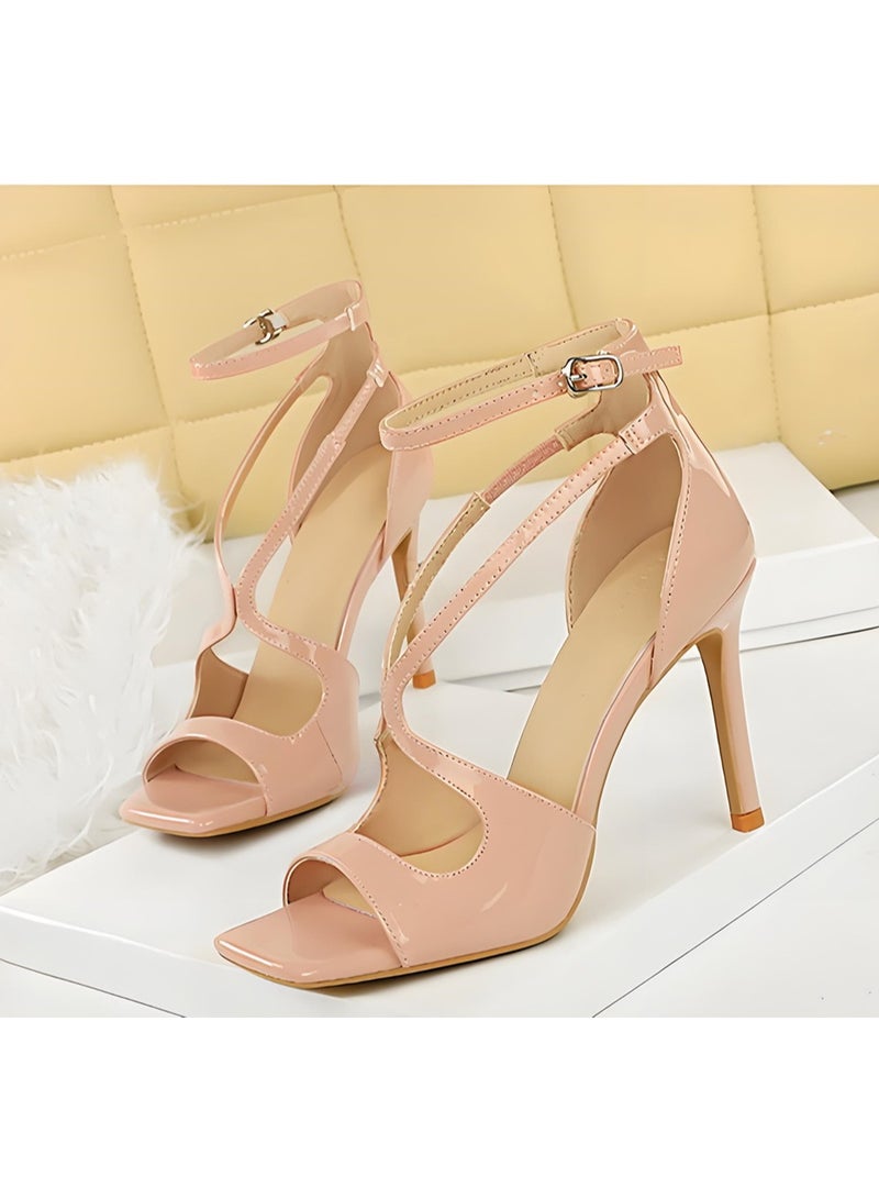 BIGTREE Women's Strappy High Heeled Sandals Open Toe Ankle Strap Stiletto Pumps  Nude Color 10CM - Image 1