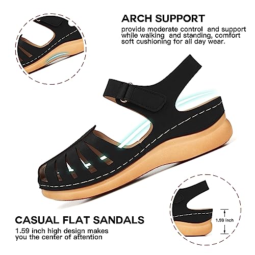 SHIBEVER Women Comfortable Flat Sandals: Dressy Summer Flats Sandal - Closed Toe Fisherman Hollow Out Sandals - Blakc Size 8 Walking Wedge Sandal - Image 2