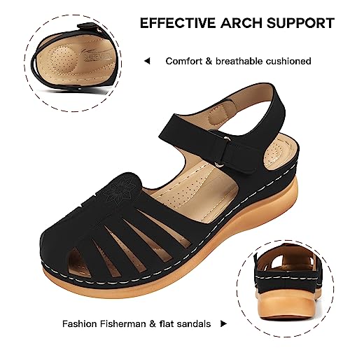 SHIBEVER Women Comfortable Flat Sandals: Dressy Summer Flats Sandal - Closed Toe Fisherman Hollow Out Sandals - Blakc Size 8 Walking Wedge Sandal - Image 4