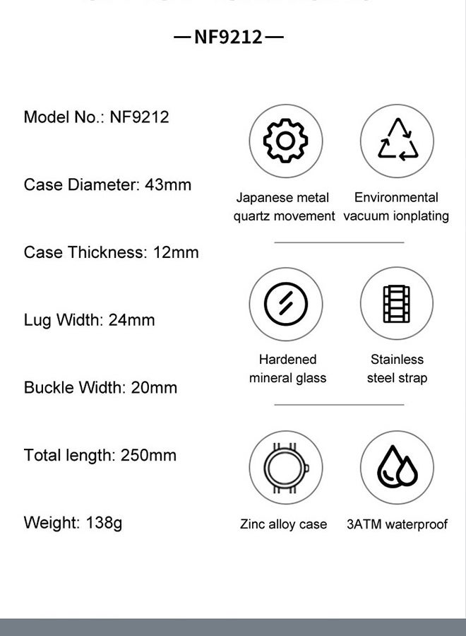 نافيفورس ساعة يد عسكرية رياضية كاجوال للرجال بتقويم كوارتز وساعة عمل من الفولاذ المقاوم للصدأ مقاومة للماء للرجال ساعة تناظرية مقاومة للماء NF9212 - Image 5