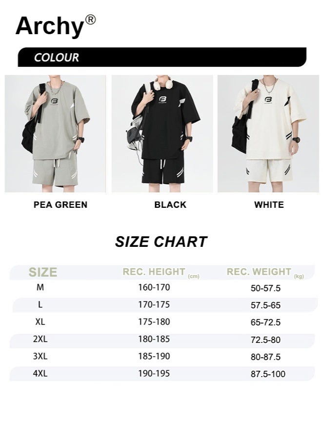 Archy 2 Piece Men's Summer Co-Ord: Loose Letter Print T-shirt + Elastic Waist Drawstring Shorts, Black & White Sporty Casual Outfit (for Teens & Young Men) - Image 5