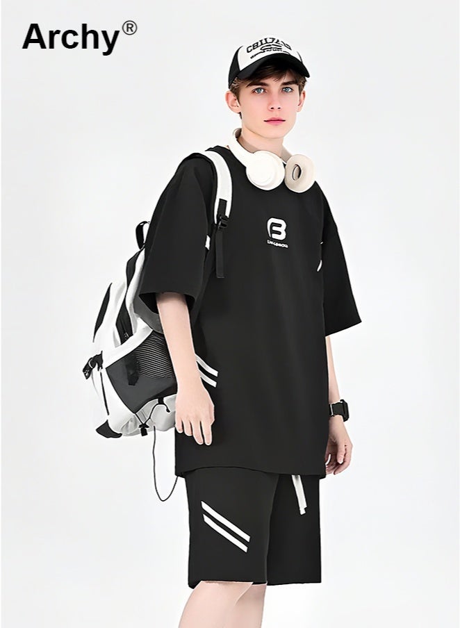 Archy 2 Piece Men's Summer Co-Ord: Loose Letter Print T-shirt + Elastic Waist Drawstring Shorts, Black & White Sporty Casual Outfit (for Teens & Young Men) - Image 4