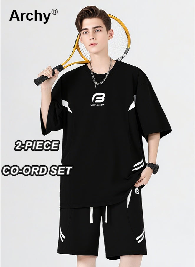 Archy 2 Piece Men's Summer Co-Ord: Loose Letter Print T-shirt + Elastic Waist Drawstring Shorts, Black & White Sporty Casual Outfit (for Teens & Young Men) - Image 2
