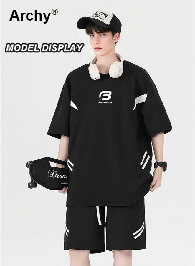 Archy 2 Piece Men's Summer Co-Ord: Loose Letter Print T-shirt + Elastic Waist Drawstring Shorts, Black & White Sporty Casual Outfit (for Teens & Young Men) - Image 3