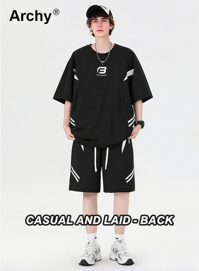 Archy 2 Piece Men's Summer Co-Ord: Loose Letter Print T-shirt + Elastic Waist Drawstring Shorts, Black & White Sporty Casual Outfit (for Teens & Young Men) - Image 1