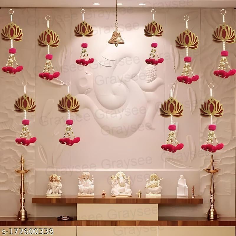 Graysee Graysee Pom Pom Style Handmade Wall Decor Lotus for Home Decor Diwali Dcor and All Festival Decor 8 Pcs Lotus Hangings for Home Decoration Diwali Festival Temple Decor Wedding  - Image 4