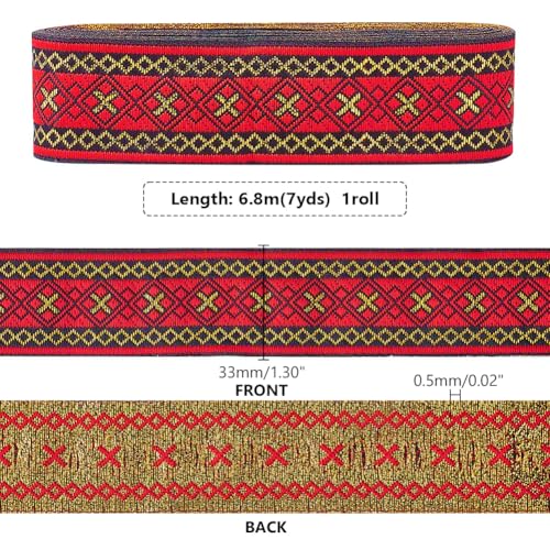 PH PandaHall 7.6 Yards Jacquard Ribbon Geometric Woven Trim Ethnic Ribbons, 1.3 Inch/ 3.3cm Red Embroidered Ribbon Jacquard Braid Trim for Sewing Handmade Bag Clothing Decoration Gift Wrapping - Image 2