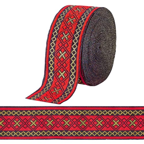 PH PandaHall 7.6 Yards Jacquard Ribbon Geometric Woven Trim Ethnic Ribbons, 1.3 Inch/ 3.3cm Red Embroidered Ribbon Jacquard Braid Trim for Sewing Handmade Bag Clothing Decoration Gift Wrapping - Image 1