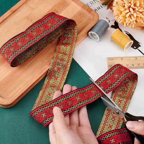 PH PandaHall 7.6 Yards Jacquard Ribbon Geometric Woven Trim Ethnic Ribbons, 1.3 Inch/ 3.3cm Red Embroidered Ribbon Jacquard Braid Trim for Sewing Handmade Bag Clothing Decoration Gift Wrapping - Image 3
