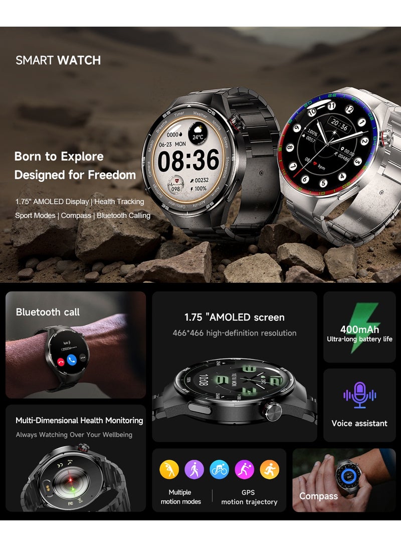 RollsTimi  Men's Fashion Smart Watch, Bluetooth Call, 1.75"AMOLED Screen, Multi-Dimensional Health Monitoring, Sports Mode, Compass, IP67 Waterproof, Long-Lasting Battery Life G5PIUS Silver  Steel - Image 2