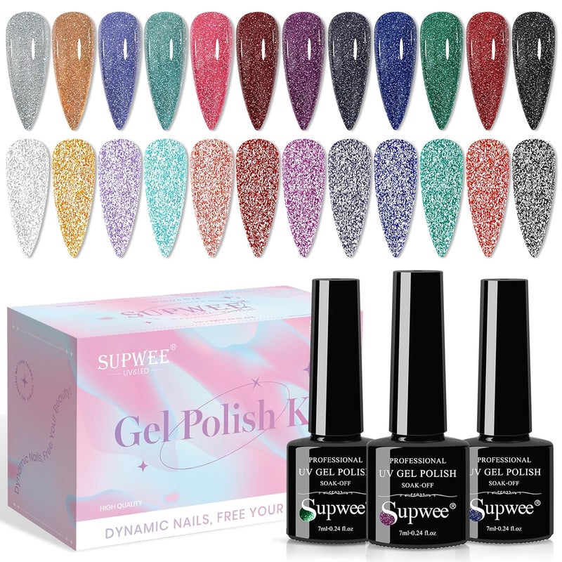 12 Colors Reflective Glitter Gel Polish - Silver Pink Blue Sparkle Gel Nail Polish Shimmer Holographic Nail Gel Polish Manicure Soak Off Lamp Gel Home DIY Varnish