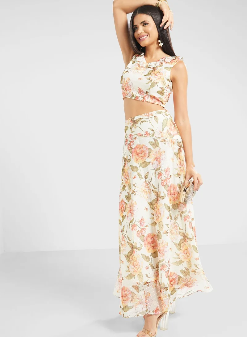INDDUS Floral Print Crop Top & Skirt Set