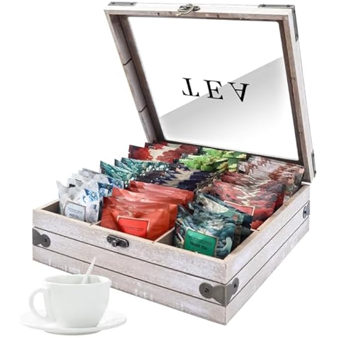 كاست ويف منظم أكياس الشاي الخشبي مع 9 حجرات تخزين وصندوق تخزين الشاي مع غطاء زجاجي وحامل أكياس الشاي وعلبة السكر ومحطة عرض للطاولة وهدايا لمحبي الشاي - Image 2