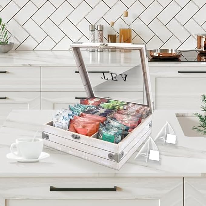 كاست ويف منظم أكياس الشاي الخشبي مع 9 حجرات تخزين وصندوق تخزين الشاي مع غطاء زجاجي وحامل أكياس الشاي وعلبة السكر ومحطة عرض للطاولة وهدايا لمحبي الشاي - Image 3