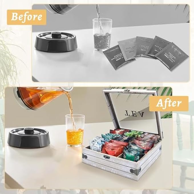 كاست ويف منظم أكياس الشاي الخشبي مع 9 حجرات تخزين وصندوق تخزين الشاي مع غطاء زجاجي وحامل أكياس الشاي وعلبة السكر ومحطة عرض للطاولة وهدايا لمحبي الشاي - Image 4