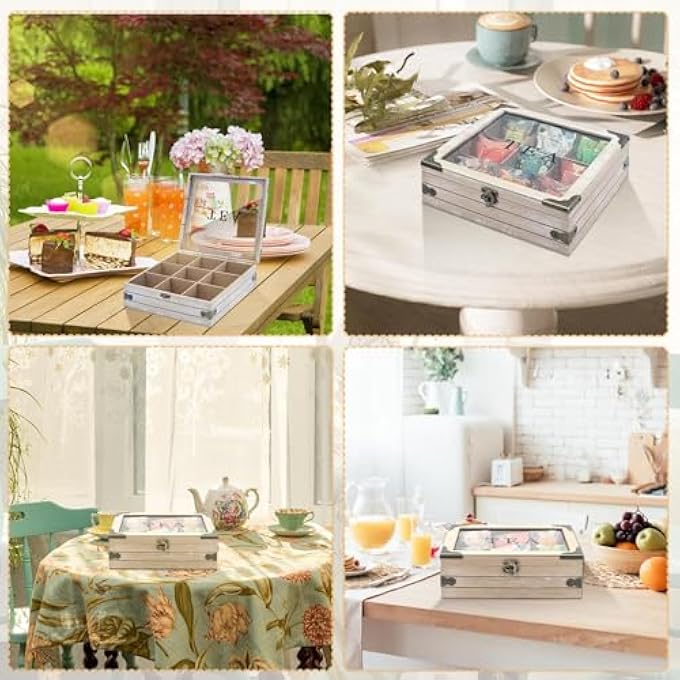 كاست ويف منظم أكياس الشاي الخشبي مع 9 حجرات تخزين وصندوق تخزين الشاي مع غطاء زجاجي وحامل أكياس الشاي وعلبة السكر ومحطة عرض للطاولة وهدايا لمحبي الشاي - Image 5