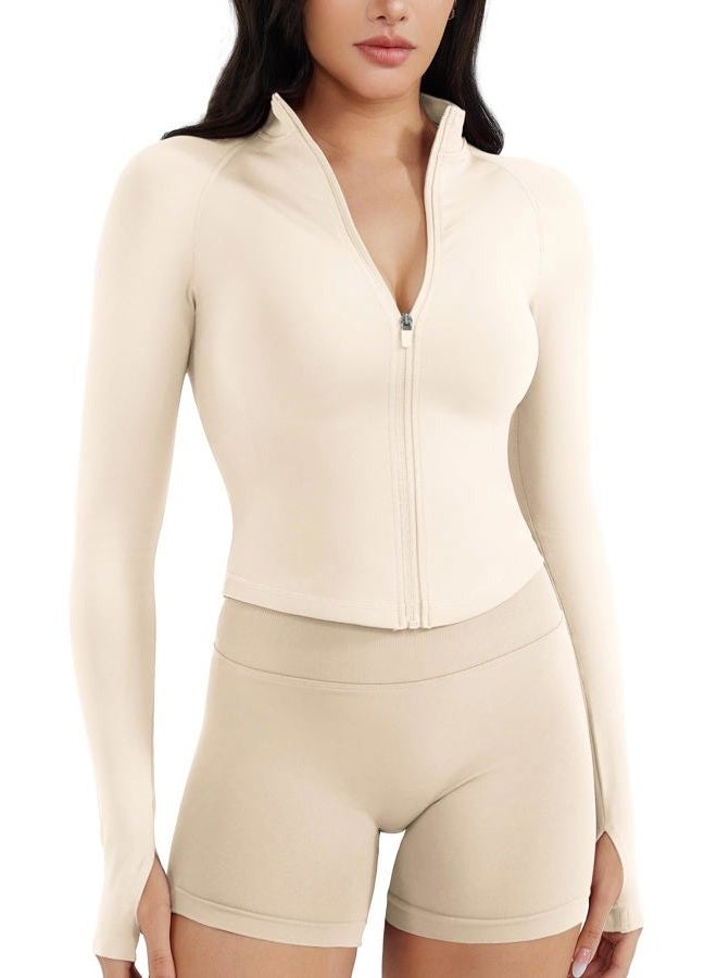 YEOREO SoftHue Women's Athletic Jacket Cropped Long Sleeve Workout Top Zip Up Gym Compression Shirts with Thumb Holes - Image 1