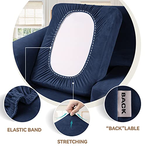 WEERRW 4 Pieces Velvet High Stretch Couch Covers for 3 Cushion Couch Sofa Slipcovers, Washable Furniture Protector with Non Slip Elastic Bottom, Feature Soft and Thick Plush Fabric, Navy Blue, Large - Image 3