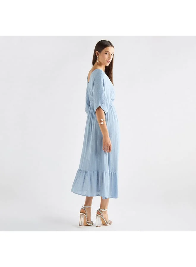 Splash FAV Textured V-neck Dress with Extended Sleeves and Flounce Hem