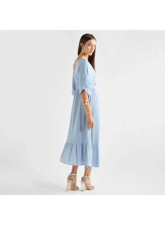 Splash FAV Textured V-neck Dress with Extended Sleeves and Flounce Hem  - Image 3